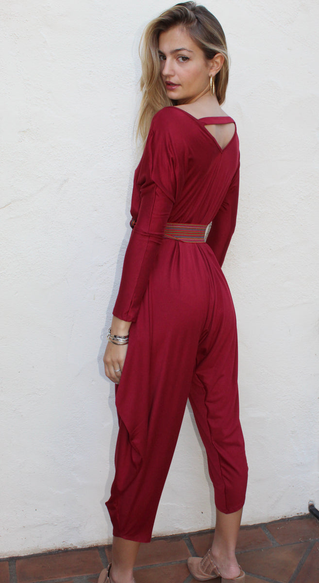 Burgundy Long Sleeve Jumpsuit | Bella Chic